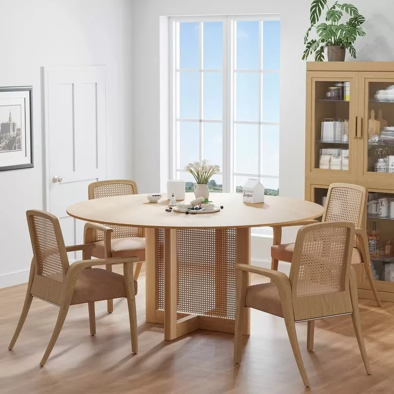 Ravina – Round Dining Table Set with Chairs | Natural Wood & Rattan