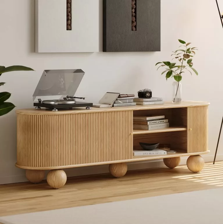 Oniro Long Media Console with Fluted Sliding Panels – Natural Wood