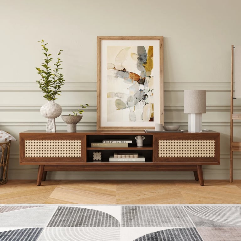 Marena – Modern TV Unit with Rattan Doors – Natural Wood