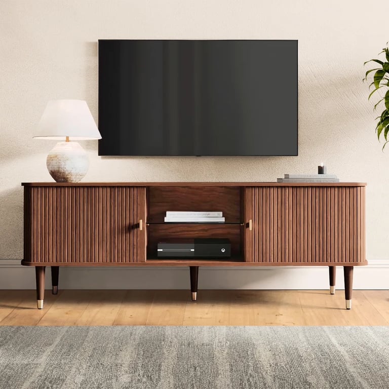 Modern TV Unit with Slatted Front – Natural Wood
