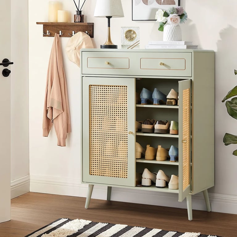 Lévoria - Natural Wood & Rattan Shoe Cabinet