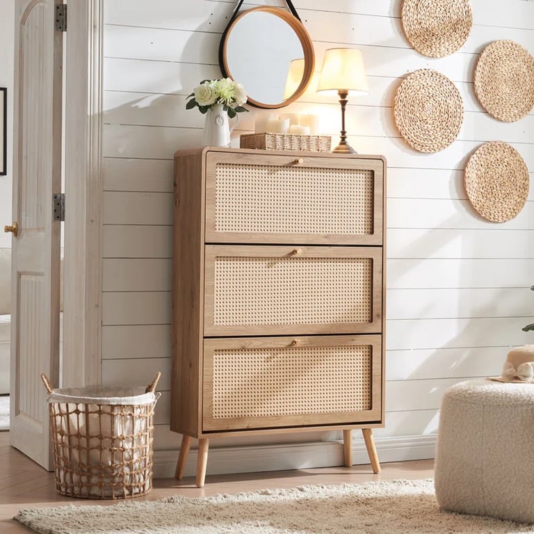 Soline – Natural Wood & Rattan Shoe Cabinet